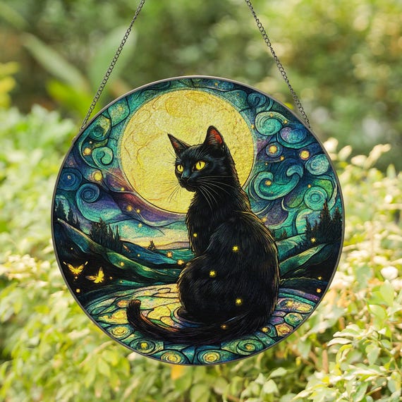 神秘的な黒猫のガラスサンキャッチャー、満月吊り下げ窓飾り、天体窓
