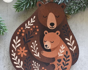 Scandinavian Folk Art Bear Christmas Ornament, Nordic Design Wood Gifts, Scandinavian Xmas Decor, Mama Bear Ornament, Gifts for Mom