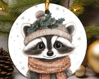 Adorable Scandinavian Raccoon Ornament, Raccoon Gifts, Cute Woodland Animal Ceramic Tree Décor, Cozy Winter Holiday Gift, Raccoon Lovers