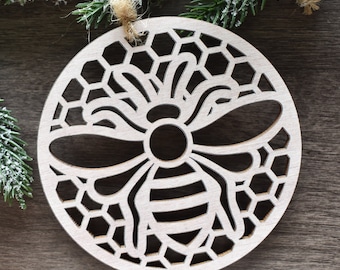 Wood Bee Ornament, Bee Christmas Tree Ornament and Gift, Honeybee Decor., Beekeeper Gift