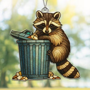 Raccoon Trash Can ACRYLIC Suncatcher, Adorable Trash Panda,, Raccoon lovers Gift, Woodland Animal Window Ornament, Nature Lovers Home Decor