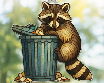 Raccoon Trash Can ACRYLIC Suncatcher, Adorable Trash Panda,, Raccoon lovers Gift, Woodland Animal Window Ornament, Nature Lovers Home Decor