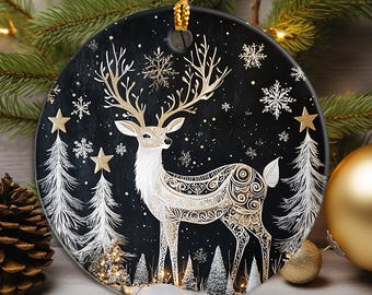 Scandinavian Reindeer Ceramic Ornament, Nordic Folk Art Deer, Black & Gold Christmas Decoration, Scandi Home Decor Gifts