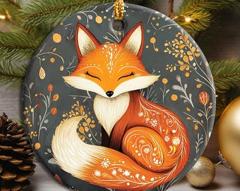 Scandinavian Folk Art Fox Christmas Ornament, Ceramic Woodland Animal Tree Decoration, Nordic Decor, Scandinavian Xmas  Ornament