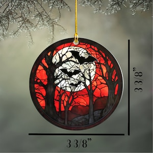 Spooky Bats in Full Moon Ornament, Acrylic Haunted Forest Goth Christmas Ornament, Bat Decor Gift, Halloween Faux Stained Glass image 3