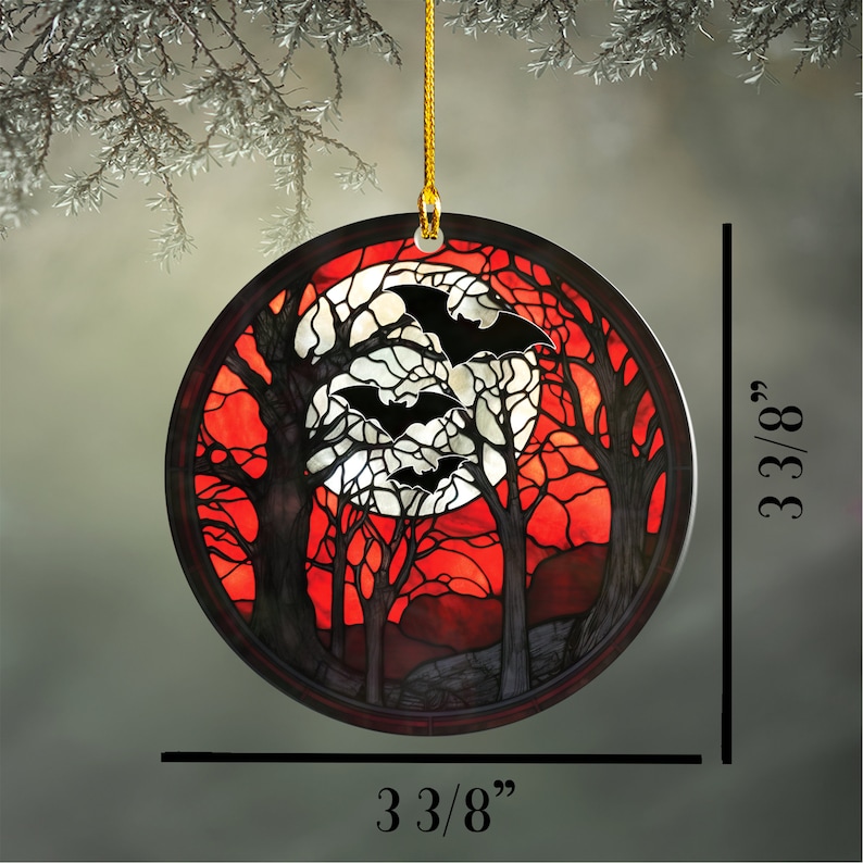 Spooky Bats in Full Moon Ornament, Acrylic Haunted Forest Goth Christmas Ornament, Bat Decor Gift, Halloween Faux Stained Glass image 3