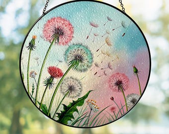 Dandelion Glass Sun Catcher, Dandelion Flower Glass Window Ornament, Flower and Nature Lovers gift, Floral Window Home Decor