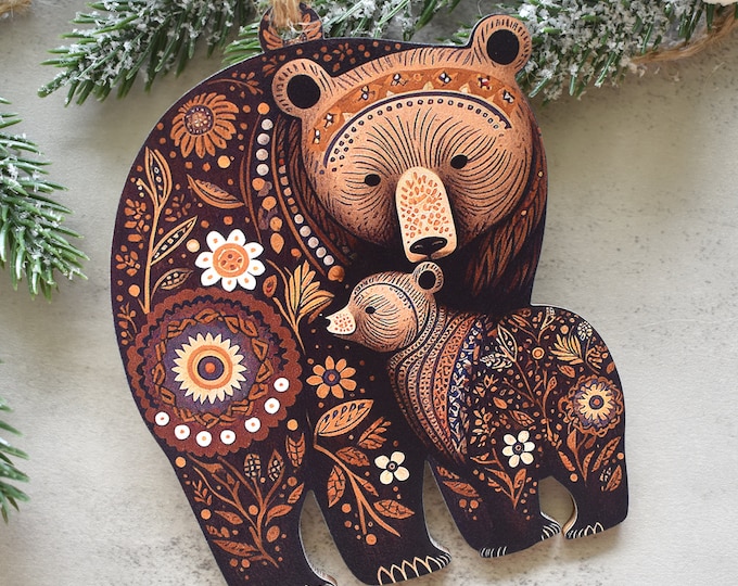 Scandinavian Folk Art Bear Christmas Ornament, Nordic Design Wood Gifts, Scandinavian Xmas Decor