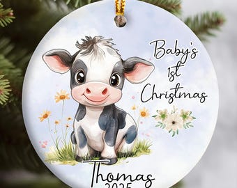 Personalized Baby’s First Christmas Ornament 2025, Adorable Cow Ceramic Keepsake for Newborn baby boy, Cute Cow Gifts, Farm Animal Ornament