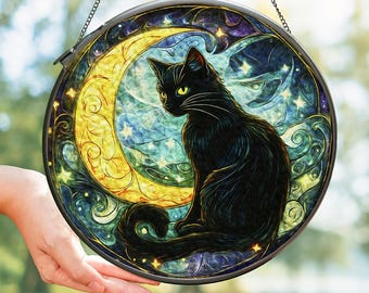 天空の黒猫のステンドグラス - 三日月と花の夜空を飾ったユニークな窓