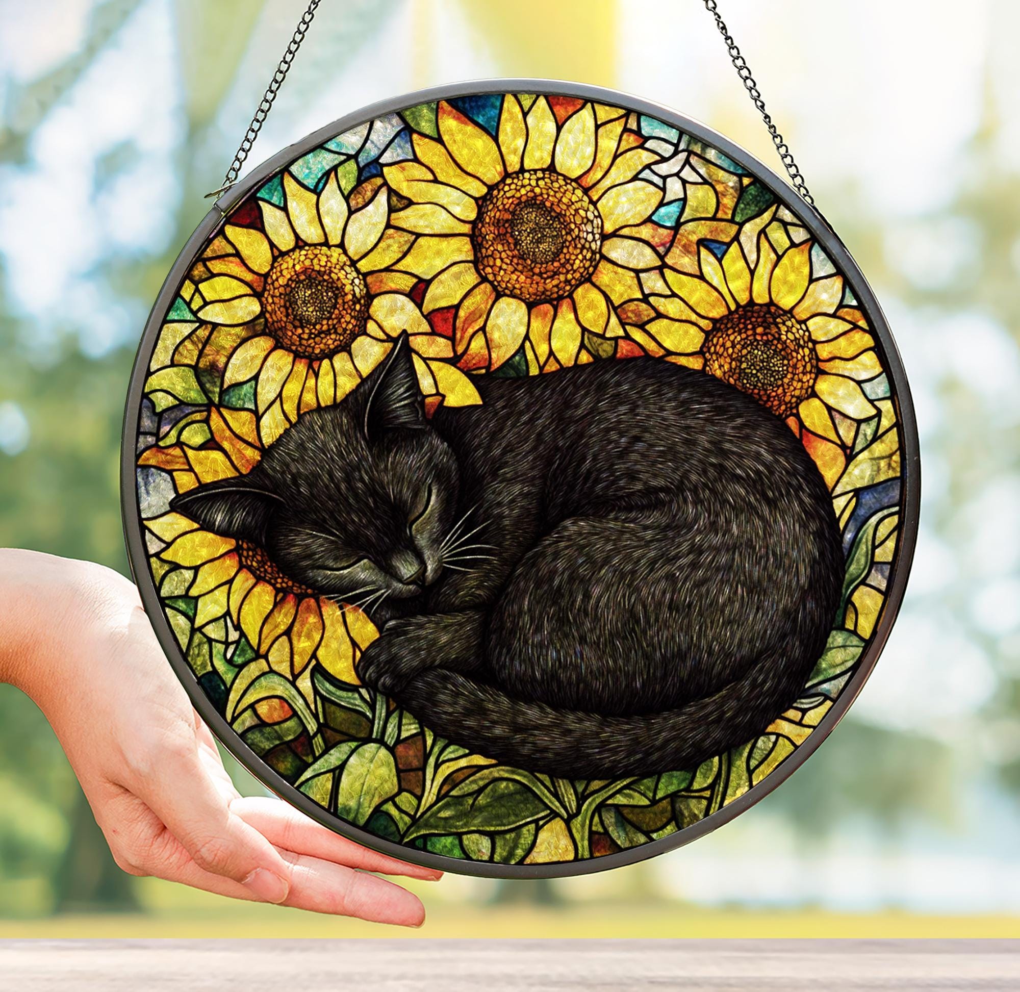 Sleeping Black Cat Sunflower Suncatcher, Glass Window Hanging for Cat Lovers, Cat Themed Gifts, Cat memorial ornament, Gift for Cat Moms