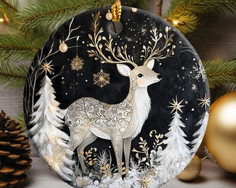 Scandinavian Deer Ceramic Ornament, Nordic Christmas Tree Decoration, Scandi Home Decor, Black & Gold Folk Art Reindeer Gift