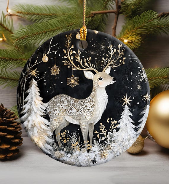 Scandinavian Deer Ceramic Ornament, Nordic Christmas Tree Decoration, Scandi Home Decor, Black & Gold Folk Art Reindeer Gift