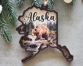 Alaska State Ornament with Bear, Alaska Travel Souvenir Ornament, Wooden Alaska State Christmas Decor, Custom 2 Layer Wood Alaska Gift