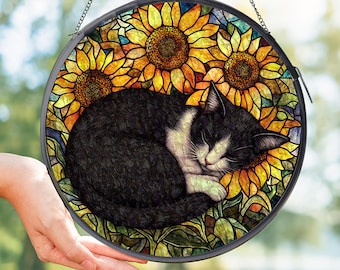 Sleeping Tuxedo Cat Sunflower Suncatcher, Glass Window Hanging for Cat Lovers, Black and White Cat, Cat Themed Gifts, Memorial Ornament