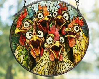Crazy Chicken Glass Suncatcher, grappige boerderij raamdecoratie, cadeaus kippenliefhebber, achtertuin kippen raamornament, boerderijdierenliefhebber