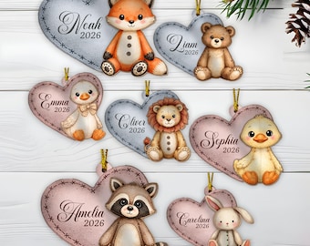 Personalized Woodland Animal Ornament, Custom Baby Christmas Ornament, Bunny, Bear, Fox, Duck, Raccoon, Lion, Nursery Gift, Name Ornament