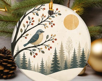 Scandinavian Bird Ceramic Ornament, Winter Woodland Bird Ornament, Nordic Christmas Decor, Snowy Forest Blue Bird, Scandi Home Decor
