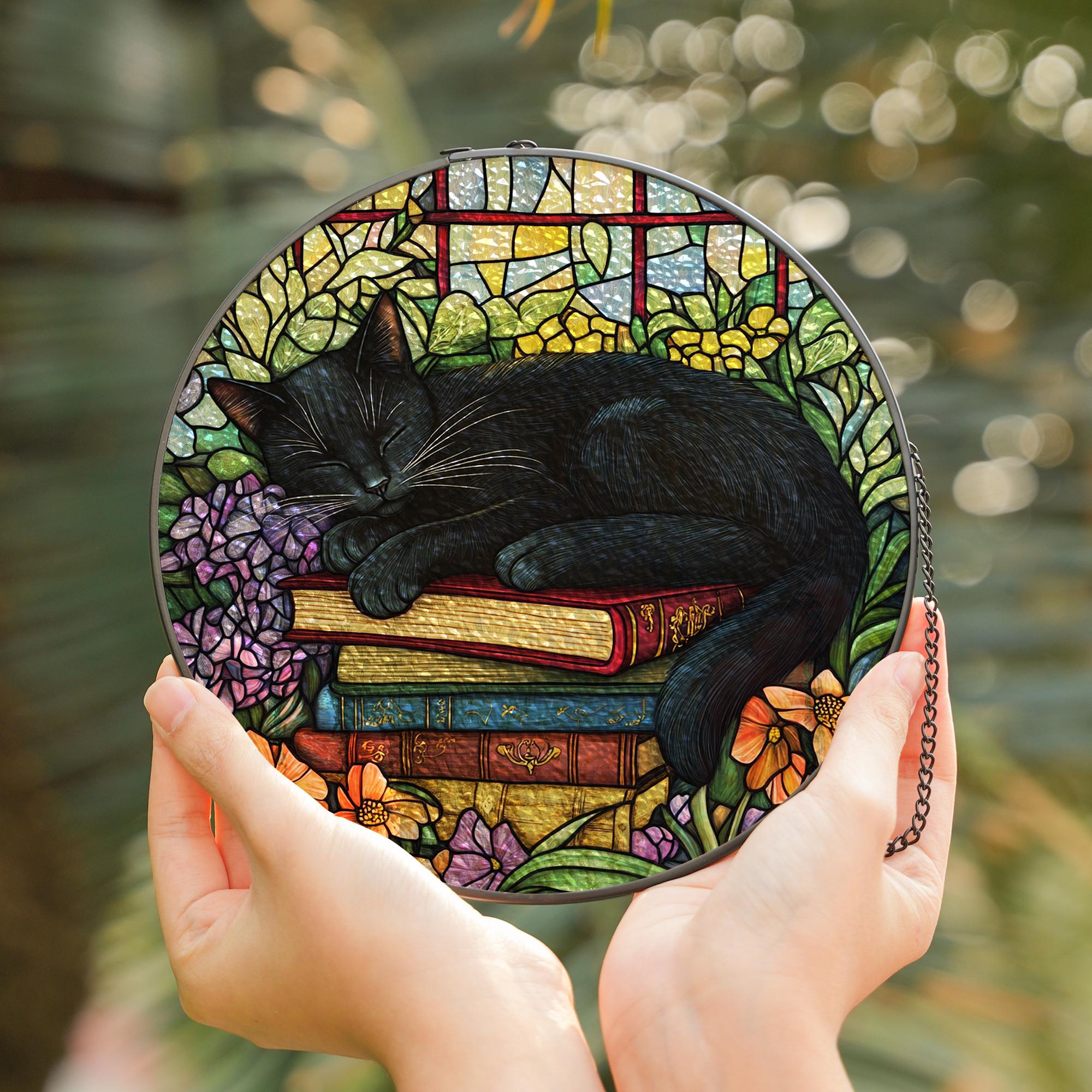 Black Cat Floral Books Stained Glass Suncatcher, Sleeping Cat Window ...