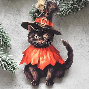 Black Cat Vintage Style Halloween Ornament, Retro Halloween Cat themed Gift for black cat Lovers, Spooky Gothic Tree Decor, Printed Wood