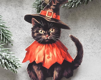 Black Cat Vintage Style Halloween Ornament, Retro Halloween Cat themed Gift for black cat Lovers, Spooky Gothic Tree Decor, Printed Wood