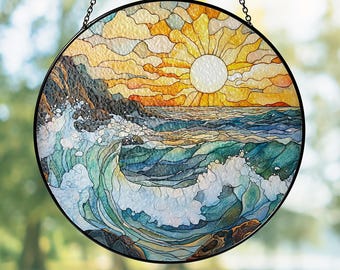Atrapasueños de cristal con forma de ola marina, decoración de ventana con temática de atardecer playero, adorno y regalo para amantes de la playa, decoración para el hogar en casas de playa.