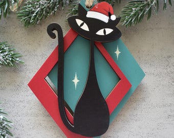 Mid Century Modern Black Cat Christmas Ornament, Atomic Cat Ornament, MCM Holiday Decor, Retro Christmas, Black Cat Lovers Gifts, Cat Themed
