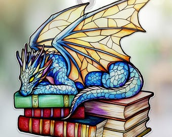 Dragon Sleeping on Books Suncatcher, Fantasy Dragon Book Window Ornament, Book lover Gift, Bookish Decor, Fantasy Reader Gift