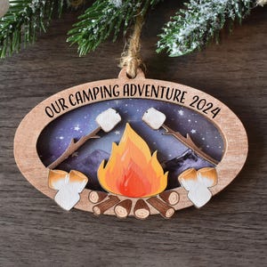 Personalized Campfire S&#39;mores Ornament, Custom Camper gift, Great Outdoors Camping Christmas Ornament, Outdoors Vacation Keepsake