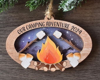Personalized Campfire S&#39;mores Ornament, Custom Camper gift, Great Outdoors Camping Christmas Ornament, Outdoors Vacation Keepsake