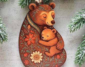 Scandinavian Bear Ornament, Nordic Folk Art Mama & Baby Bear, Norwegian gifts, Rustic Nature Holiday Decor, Woodland Gift, Momma Bear Gift