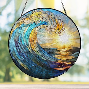 Ocean Wave Glass Suncatcher, Coastal Glass Window Hanging, Beach Sunset Sun Catcher Decor, Beach Lover Gift, Beach House Decor