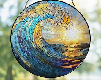 Attrape-soleil en verre vague océanique, suspension de fenêtre en verre côtière, décoration attrape-soleil coucher de soleil sur la plage, cadeau pour amoureux de la plage, décoration de maison de plage