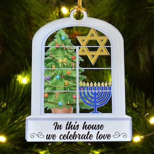 Kersthanukkah acrylornament en cadeau voor samengestelde gezinnen, vrolijk kerstfeest joods en christelijk familiecadeau, kerstboomdecoratie