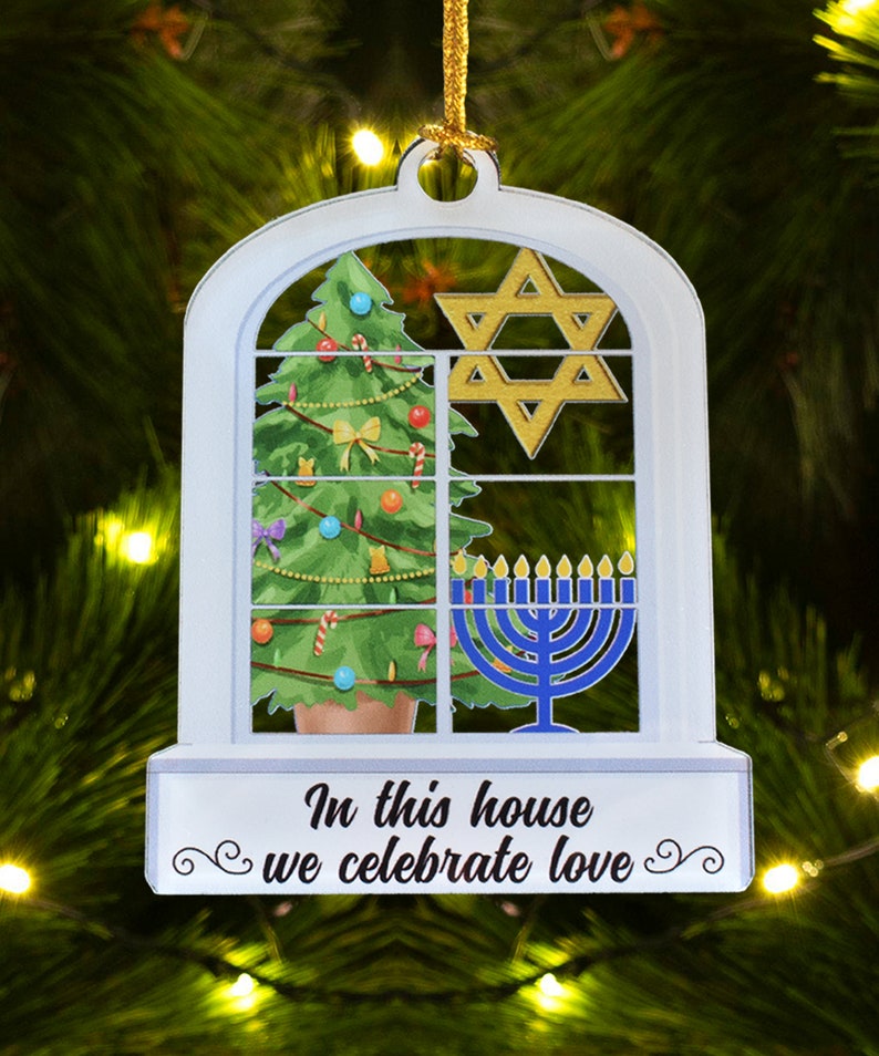 Christmas Hanukkah Acrylic Ornament and Gift for blended families, Merry Chrismukkah Jewish and Christian Family Gift, Christmas Tree Decor