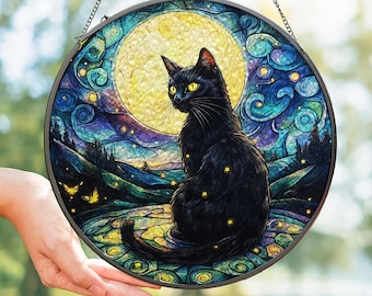 Mystical Black Cat glass suncatcher, Full Moon Hanging Window Ornament, Celestial Window Hanging, Gothic Cat Lover Gift, Witchy Decor