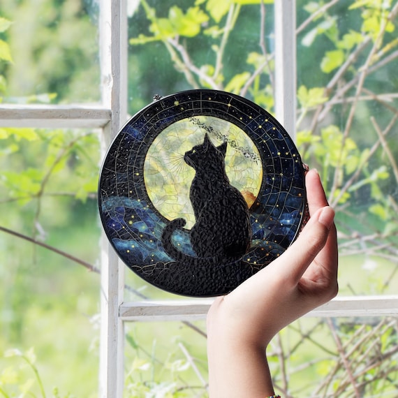黒猫の月のサンキャッチャー、天体ガラス窓吊り下げ、満月ガラス窓飾り