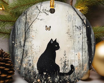 Scandinavian Black Cat Ornament, Nordic Woodland Folk Art Ceramic Christmas Decor, Minimalist Scandi Home Decor, Gift for Cat lovers