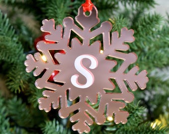 Snowflake Mirror Initial Ornament, Rose Gold or Silver Acrylic Christmas Ornament, Personalized Monogram Letter Gift, Custom Name Gift