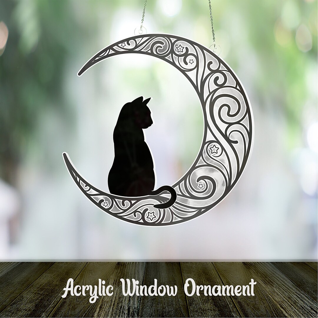 Cat Sitting on Moon Window Ornament, Acrylic Window Ornament and
