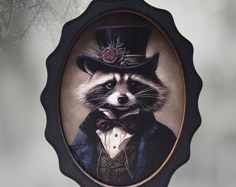 Victorian Raccoon Portrait Ornament, 2 Layer Wood 3D Raccoon Vintage  Print, Adorable Raccoon Gifts for nature lovers, Halloween Decor