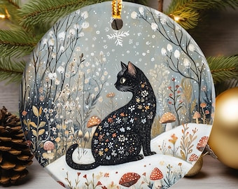 Scandinavian Black Cat Ornament, Nordic Folk Art Ceramic Cat, Cat Lover Gift, Christmas Ornament, Scandinavian Decor