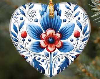 Scandinavian Ceramic Heart Ornament, Rosemaling Swedish Decor Scandinavian Christmas Decoration, Norwegian gifts, Nordic Decor