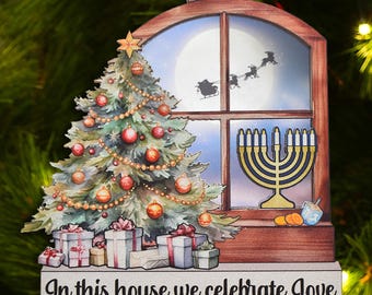 Christmas Hanukkah Acrylic and Wood Ornament, Hanukkah Decorations for blended families, Gifts for Jewish Families, Christmas and Hanukkah