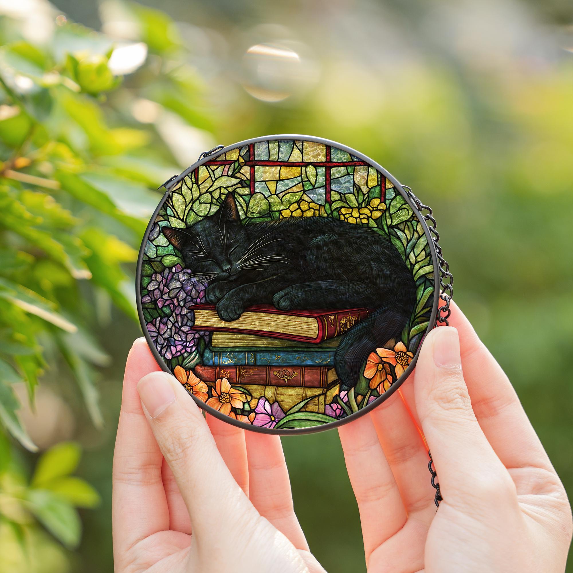 Black Cat Floral Books Stained Glass Suncatcher, Sleeping Cat Window ...