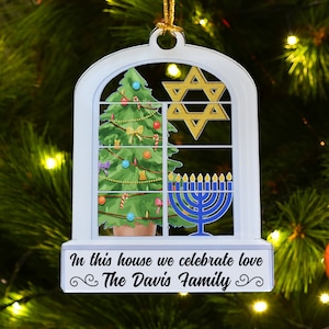 Gepersonaliseerde kerstchanoeka acrylornament, aangepast cadeau voor samengestelde gezinnen, vrolijk kerstfeest joods en christelijk familiecadeau