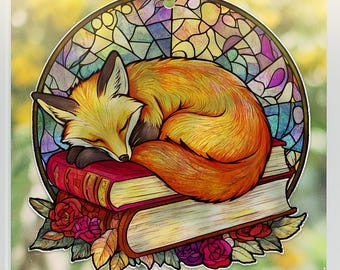 Fox Sleeping on Books ACRYLIC Sun Catcher, Book Lover Window Ornament, Fox Lovers Gift and Decor, Woodland Fox Bookish Decor
