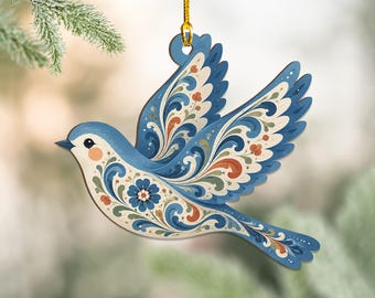 Scandinavian Blue Bird Ornament, Rosemaling Christmas Ornament, Nordic Folk Art Bird, Bird Lover Gift, Bird watcher gifts, Scandi Home Decor