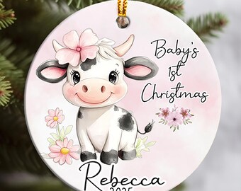 Personalized Baby’s First Christmas Ornament 2025, Adorable Cow Ceramic Keepsake for Newborn Girl, Baby Girl Newborn gift, Custom Cow gifts