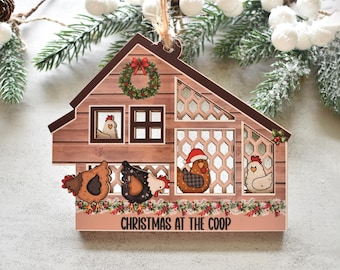Personalized Chicken Coop Ornament, Adorable Farm Ornament, Farmhouse Christmas gift, 2 Layer Wood Ornament for Chicken Lovers & Farmers